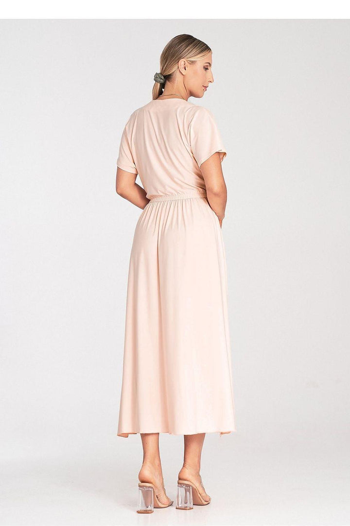 Overlapping Neckline Dress with Elastic Waist and Side Slits - Ludowika 