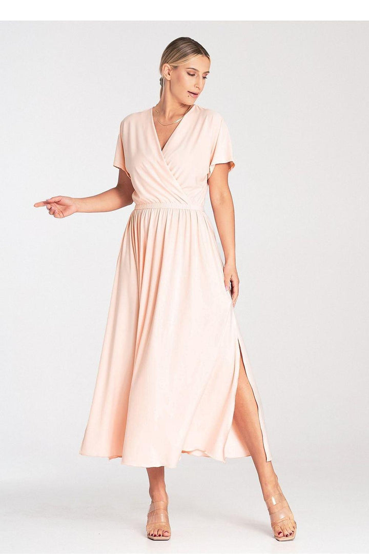 Overlapping Neckline Dress with Elastic Waist and Side Slits - Ludowika 