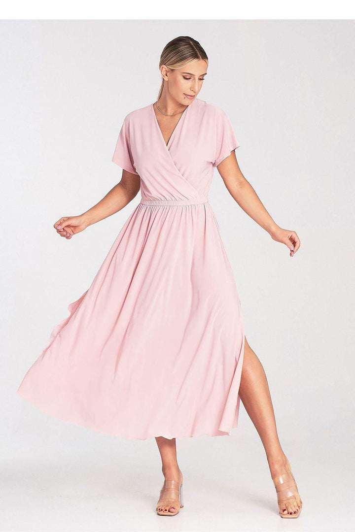 Overlapping Neckline Dress with Elastic Waist and Side Slits - Ludowika 