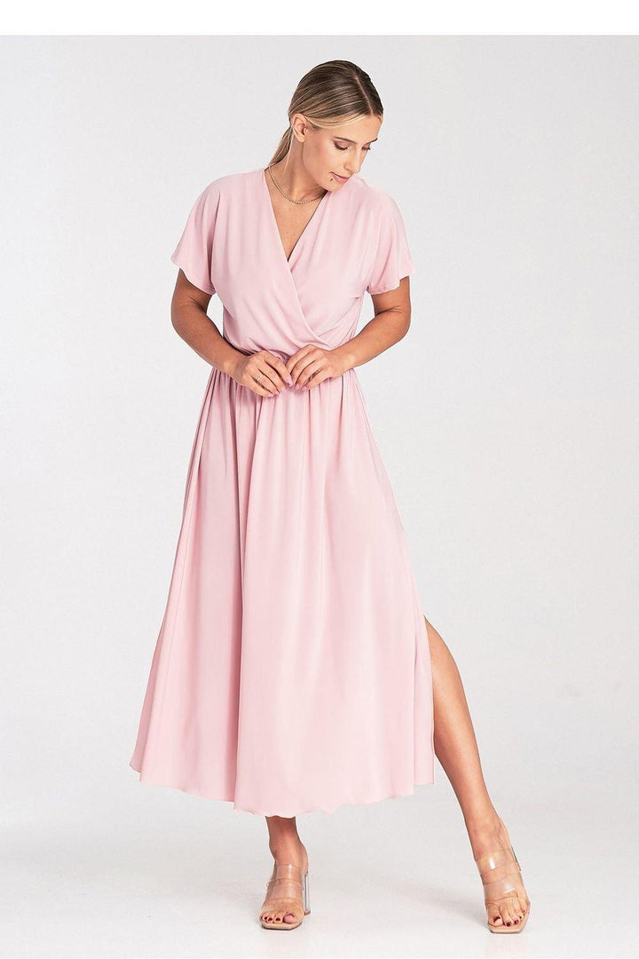 Overlapping Neckline Dress with Elastic Waist and Side Slits - Ludowika 