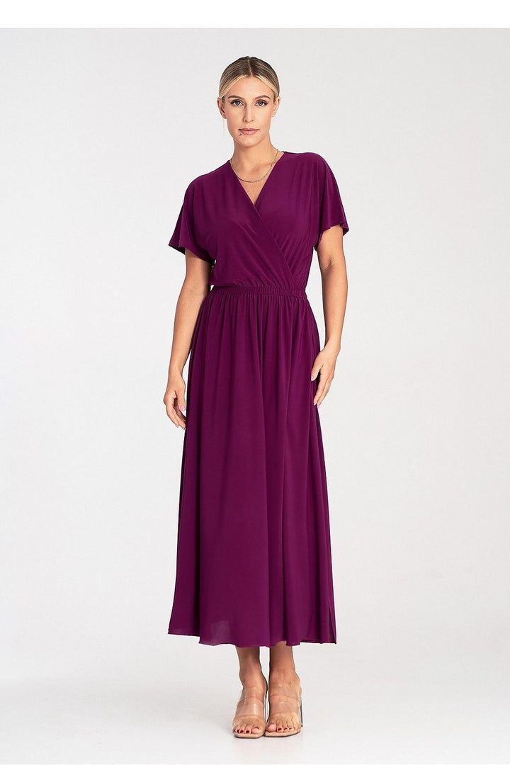 Overlapping Neckline Dress with Elastic Waist and Side Slits - Ludowika 