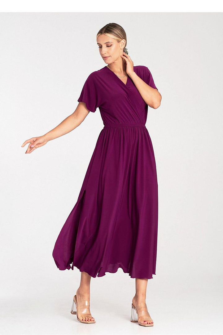 Overlapping Neckline Dress with Elastic Waist and Side Slits - Ludowika 