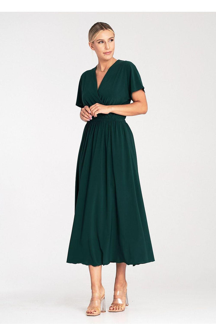 Overlapping Neckline Dress with Elastic Waist and Side Slits - Ludowika 