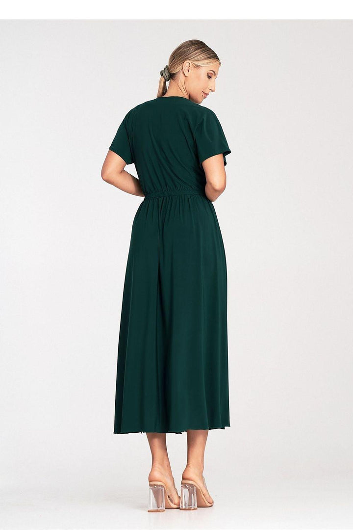 Overlapping Neckline Dress with Elastic Waist and Side Slits - Ludowika 
