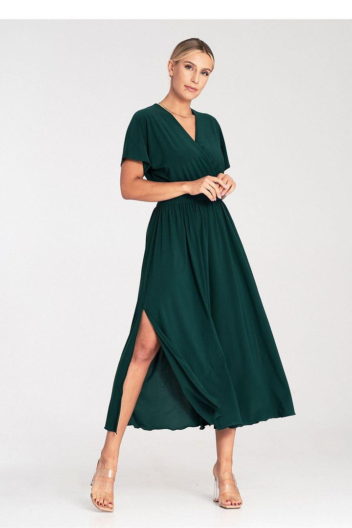 Overlapping Neckline Dress with Elastic Waist and Side Slits - Ludowika 