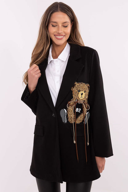 Casual Women's Jacket with Teddy Bear Patch and Shoulder Pads