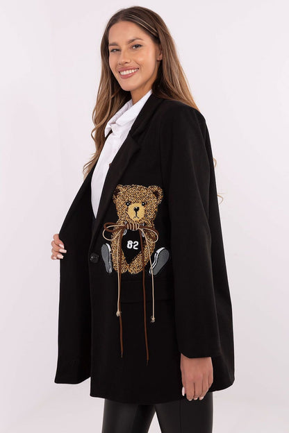 Casual Women's Jacket with Teddy Bear Patch and Shoulder Pads