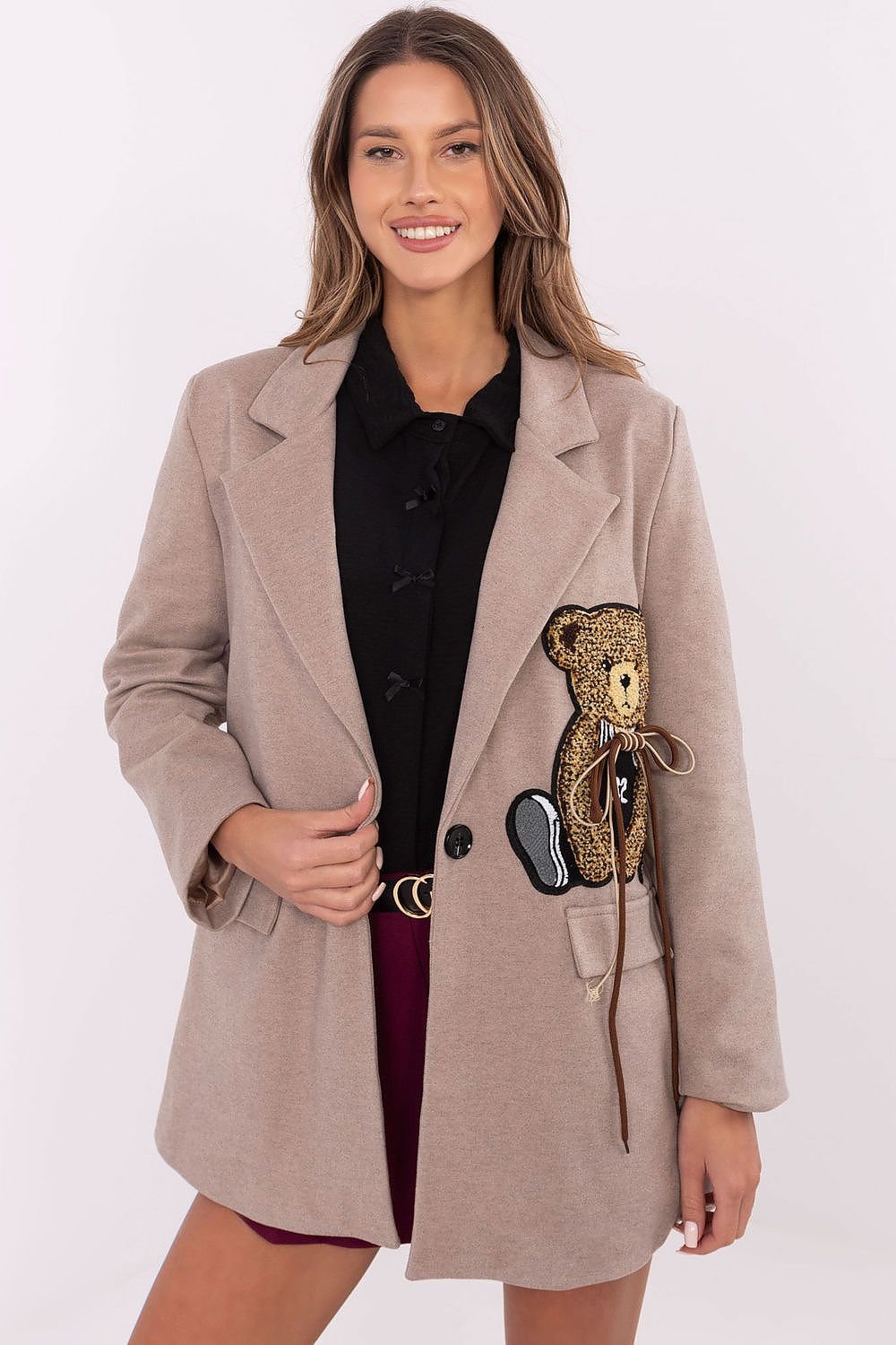 Casual Women's Jacket with Teddy Bear Patch and Shoulder Pads