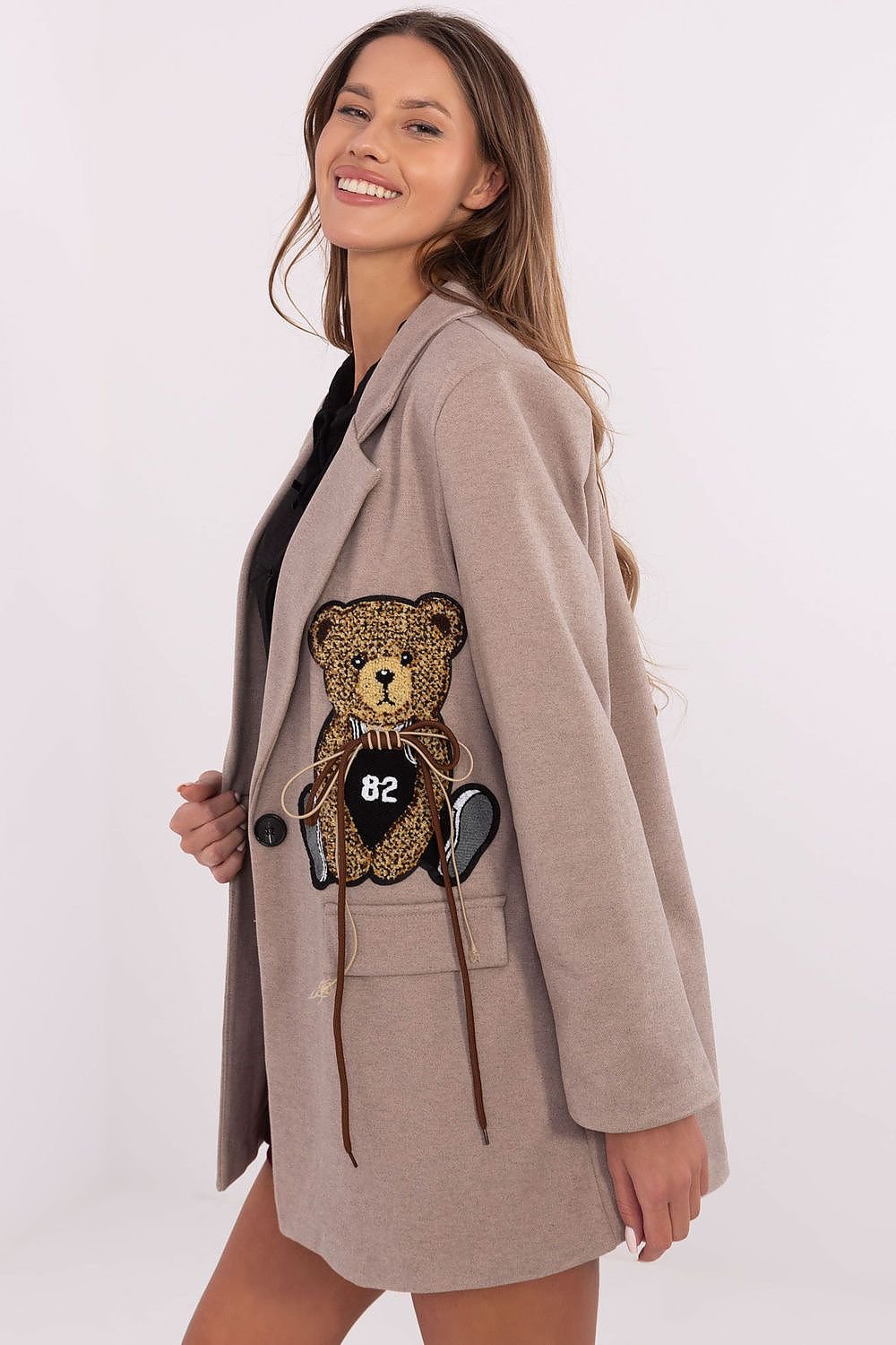 Casual Women's Jacket with Teddy Bear Patch and Shoulder Pads