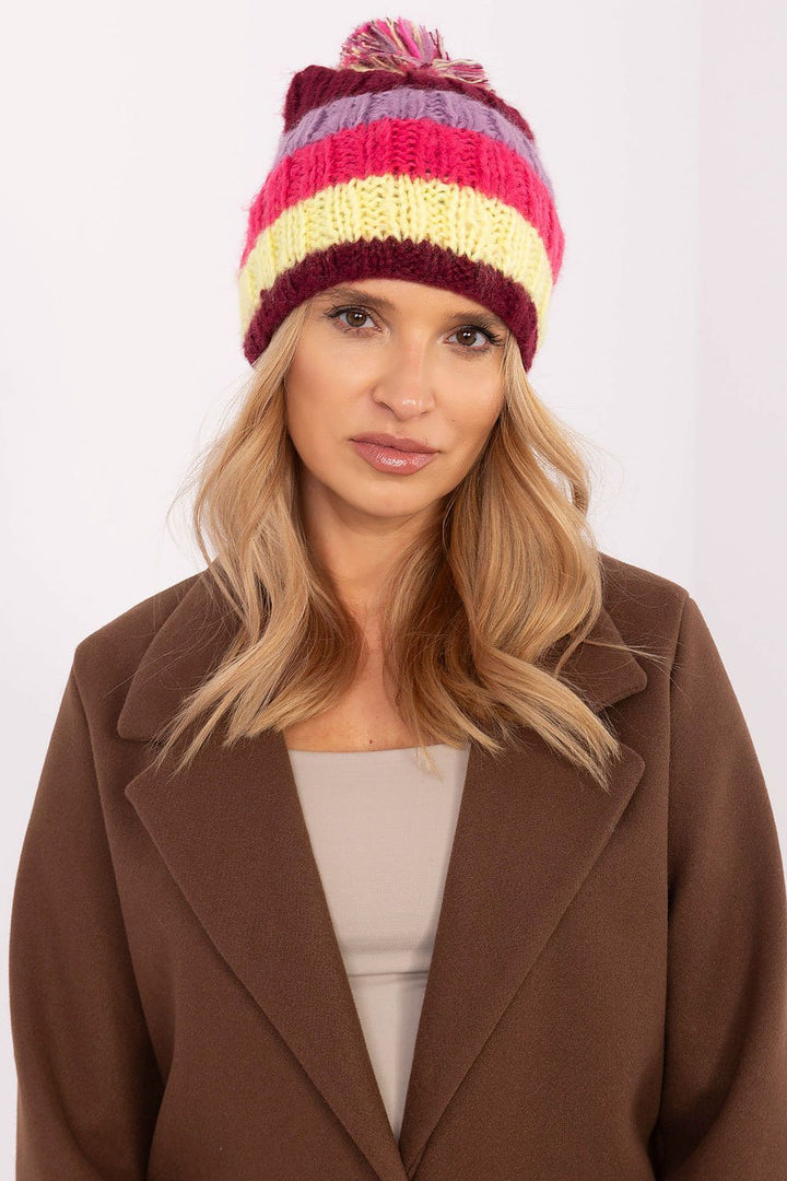 Colorful Striped Winter Beanie with Fluffy Pom-Pom - Ludowika 