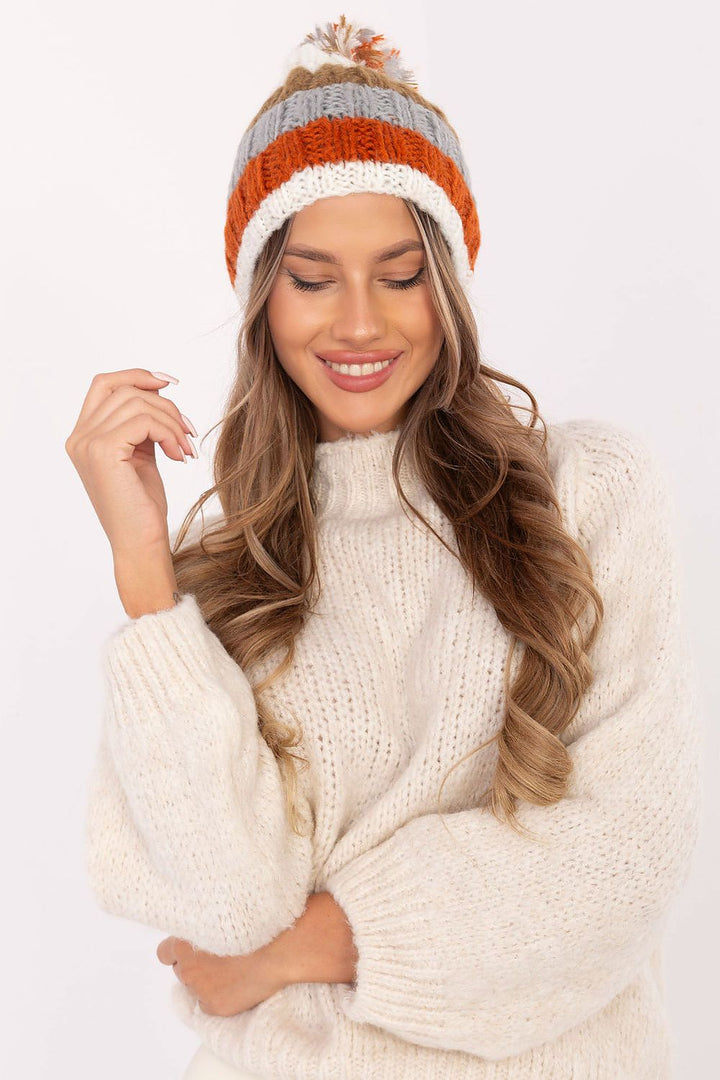 Colorful Striped Winter Beanie with Fluffy Pom-Pom - Ludowika 