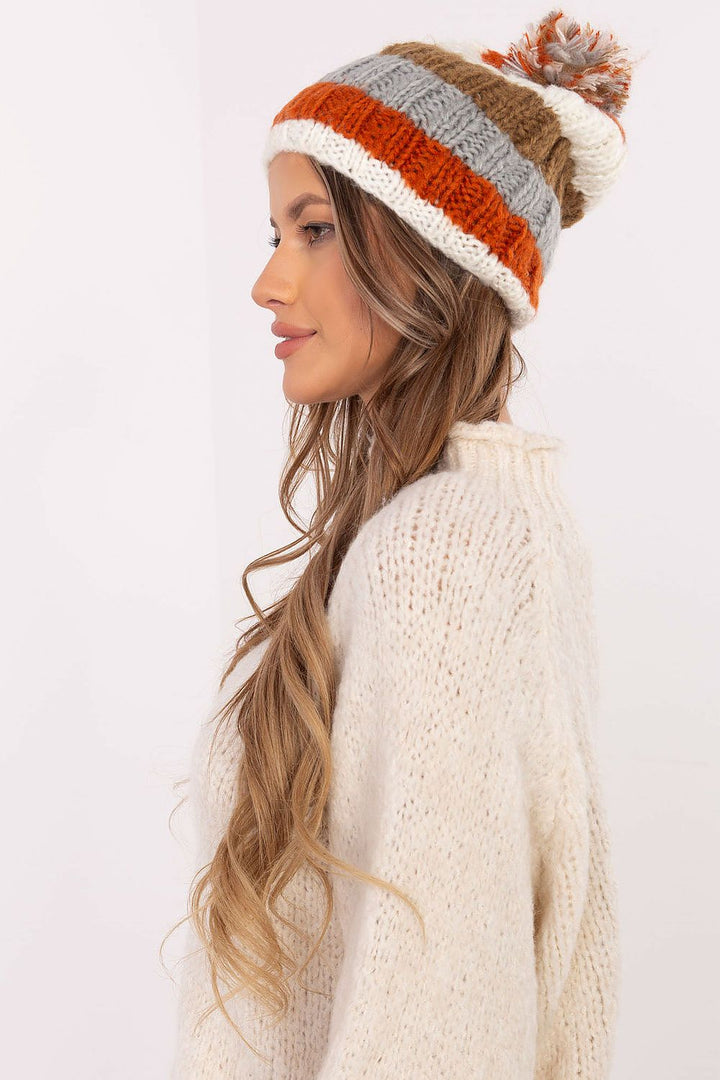 Colorful Striped Winter Beanie with Fluffy Pom-Pom - Ludowika 