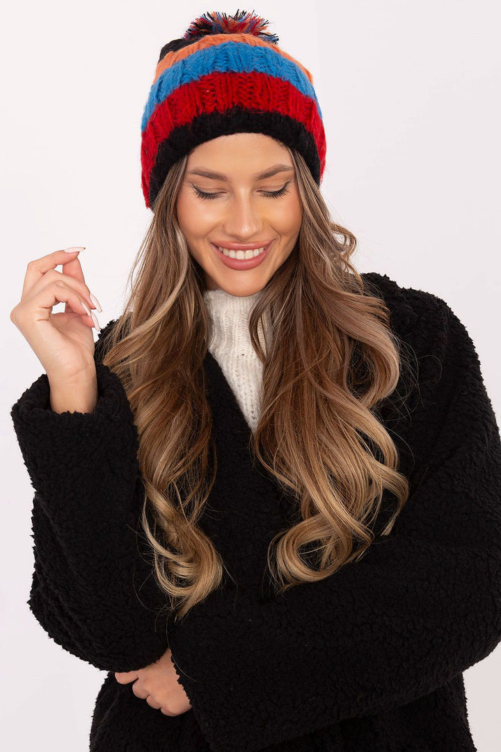 Colorful Striped Winter Beanie with Fluffy Pom-Pom - Ludowika 