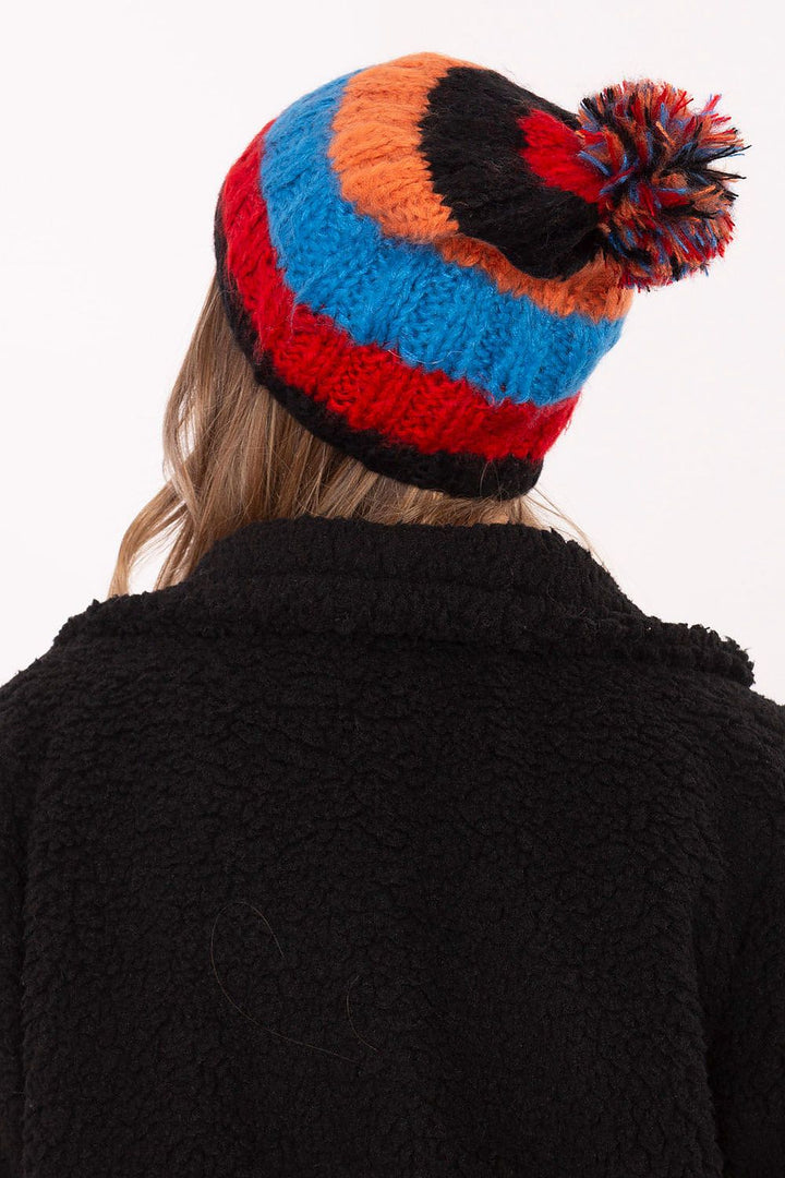 Colorful Striped Winter Beanie with Fluffy Pom-Pom - Ludowika 
