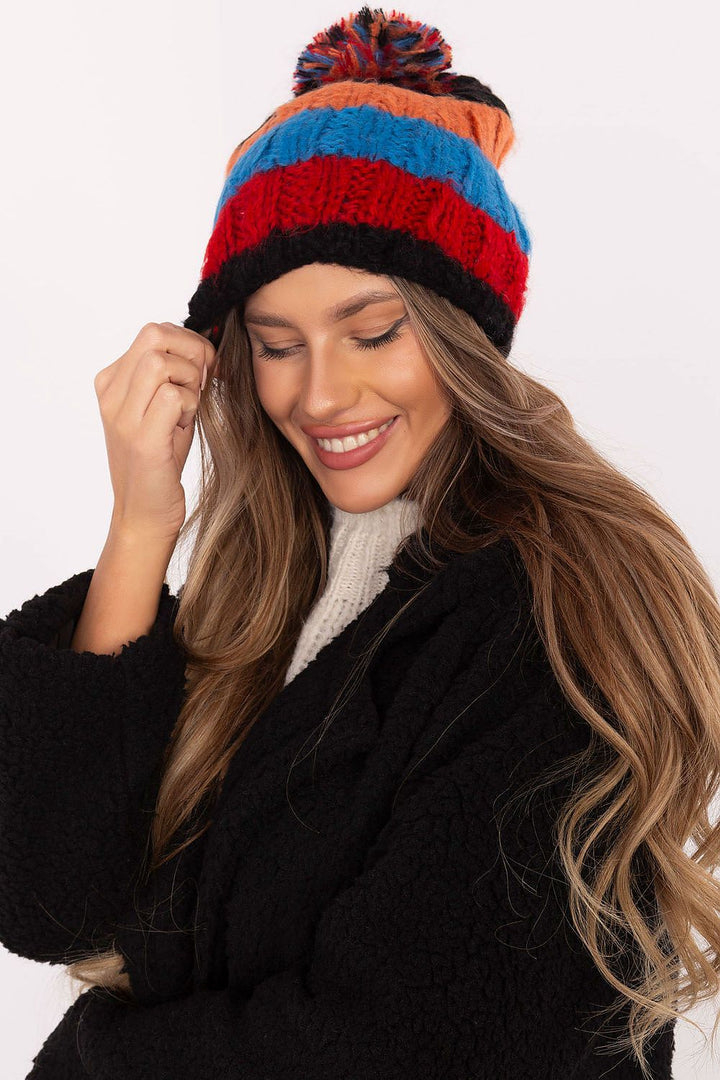 Colorful Striped Winter Beanie with Fluffy Pom-Pom - Ludowika 