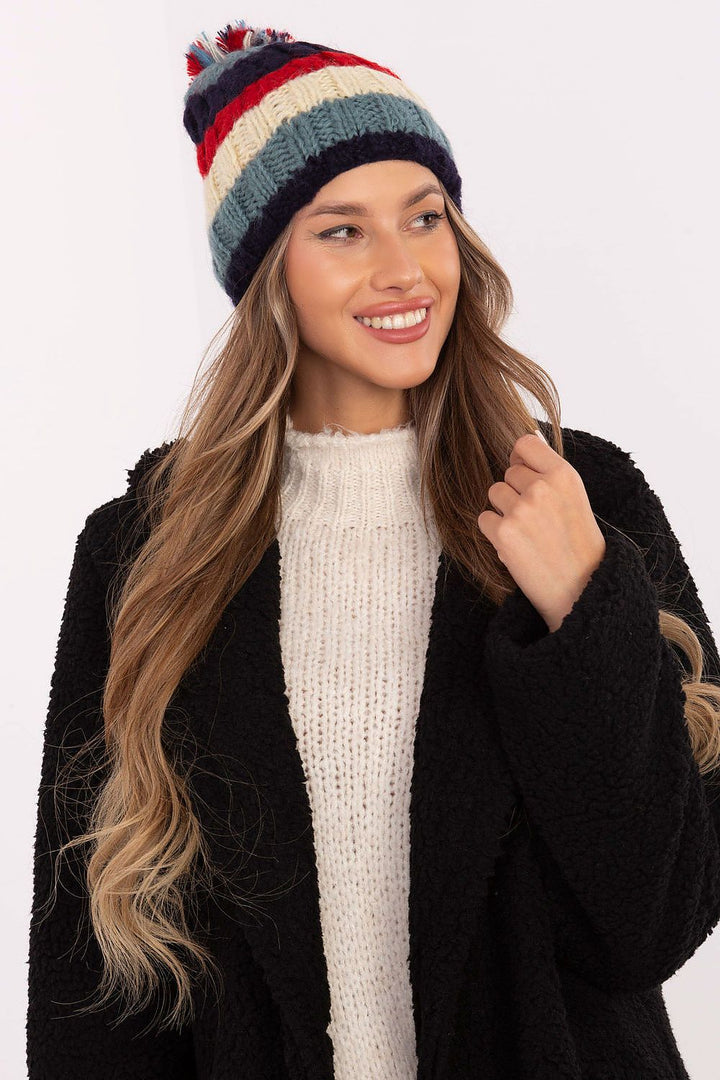 Colorful Striped Winter Beanie with Fluffy Pom-Pom - Ludowika 