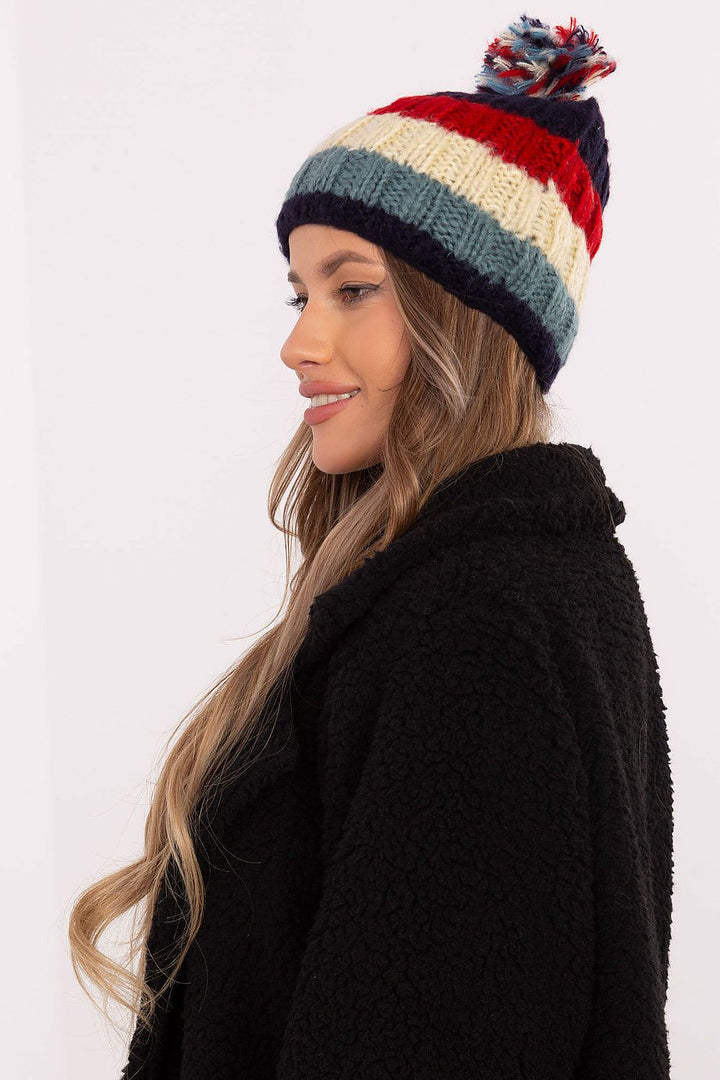 Colorful Striped Winter Beanie with Fluffy Pom-Pom - Ludowika 