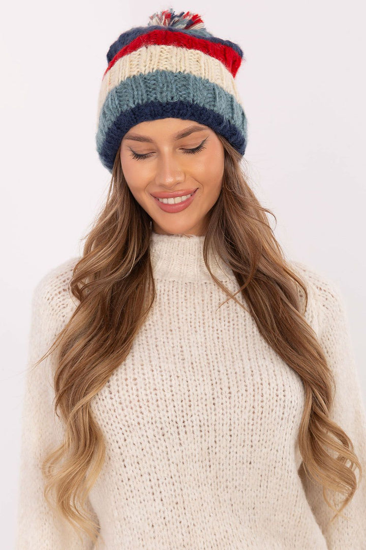 Colorful Striped Winter Beanie with Fluffy Pom-Pom - Ludowika 