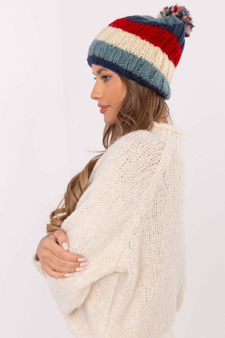 Colorful Striped Winter Beanie with Fluffy Pom-Pom - Ludowika 