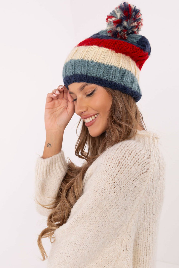 Colorful Striped Winter Beanie with Fluffy Pom-Pom - Ludowika 