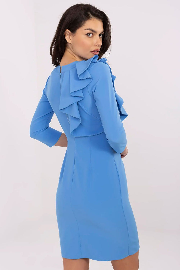 Elegant Fitted Cocktail Dress with 3/4 Sleeves and Decorative Shoulder Frill - Ludowika 