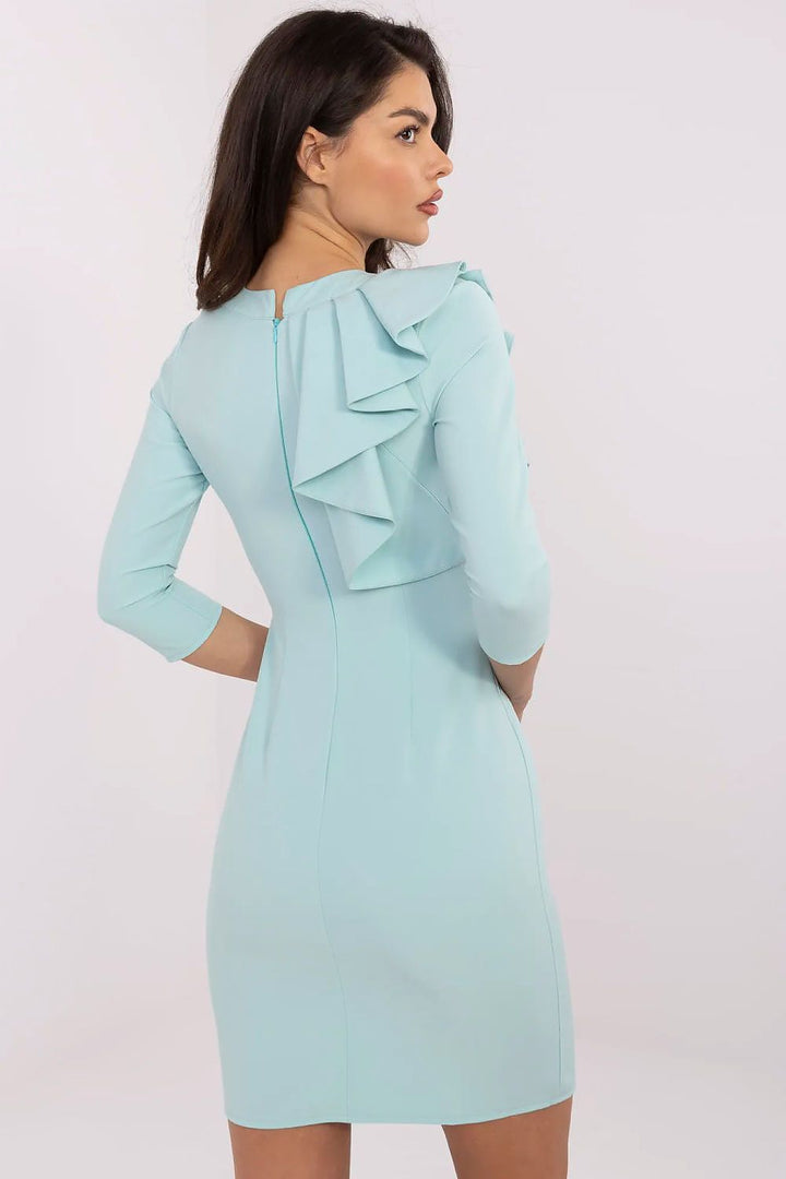 Elegant Fitted Cocktail Dress with 3/4 Sleeves and Decorative Shoulder Frill - Ludowika 