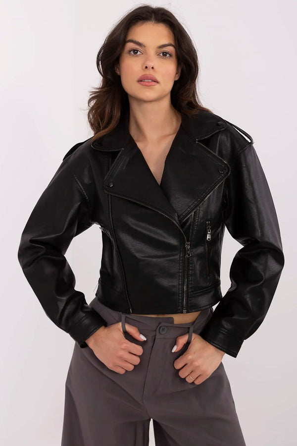 Women's Eco-Leather Jacket with Lapels & Epaulettes - Ludowika 