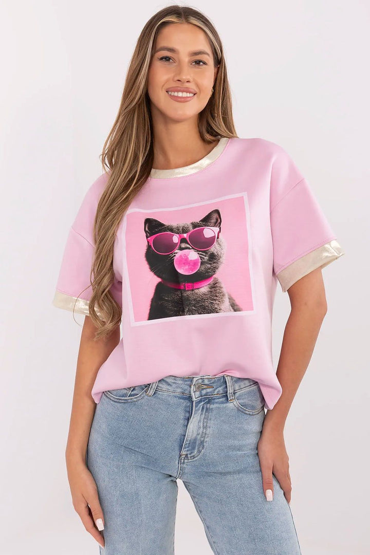 Bubble Gum Cat Everyday Comfort Blouse with Subtle Front Print - Ludowika 