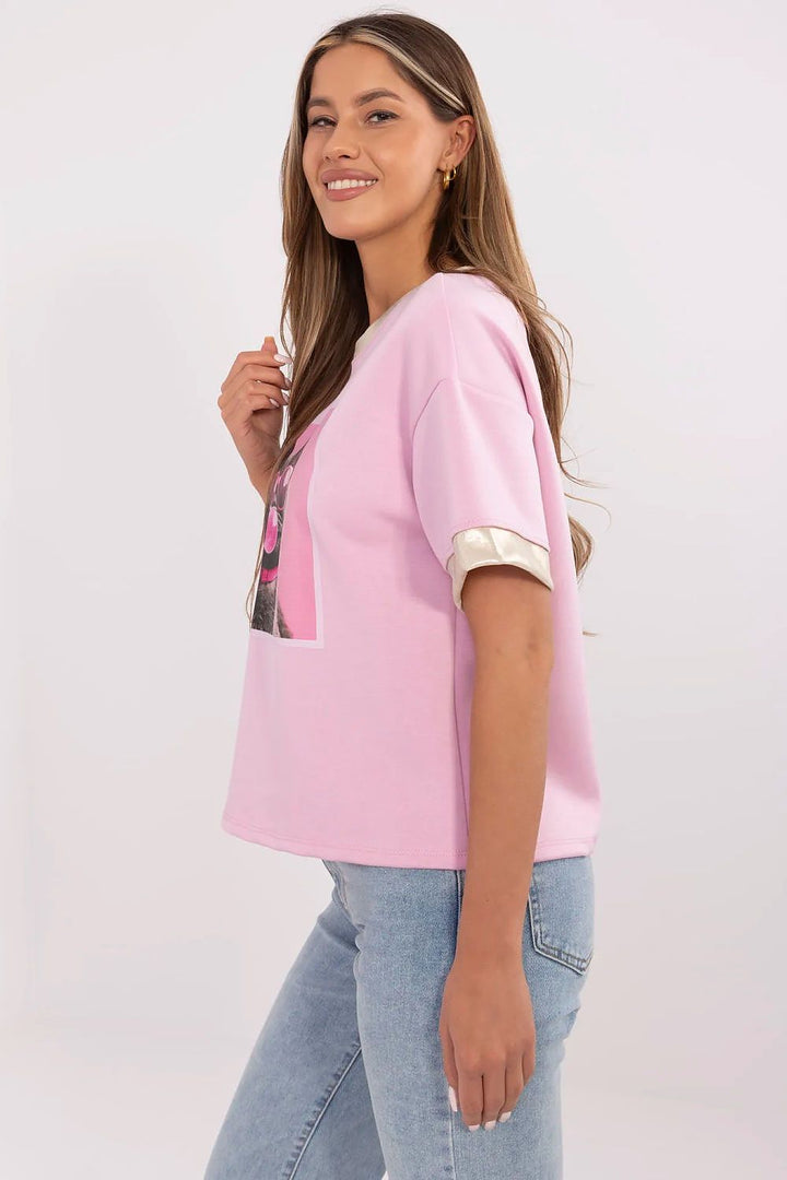 Bubble Gum Cat Everyday Comfort Blouse with Subtle Front Print - Ludowika 