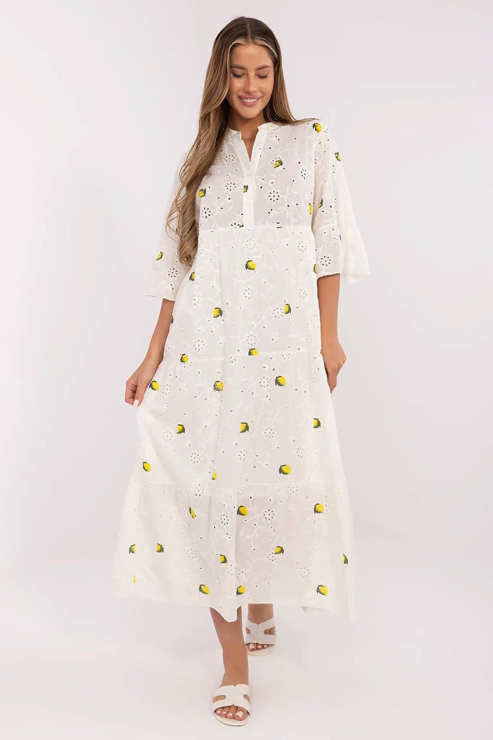 Lemon Breeze Boho Maxi Dress with Lace Embroidery & Ruffle Sleeves - Ludowika 