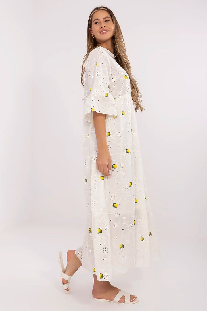 Lemon Breeze Boho Maxi Dress with Lace Embroidery & Ruffle Sleeves - Ludowika 
