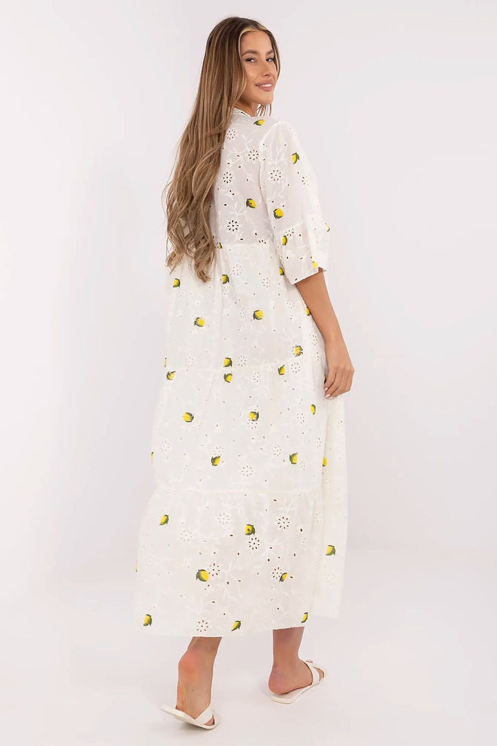 Lemon Breeze Boho Maxi Dress with Lace Embroidery & Ruffle Sleeves - Ludowika 