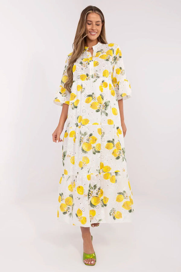 Lemon Breeze Boho Maxi Dress with Lace Embroidery & Ruffle Sleeves - Ludowika 