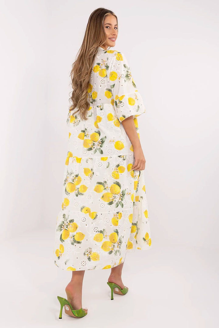 Lemon Breeze Boho Maxi Dress with Lace Embroidery & Ruffle Sleeves - Ludowika 