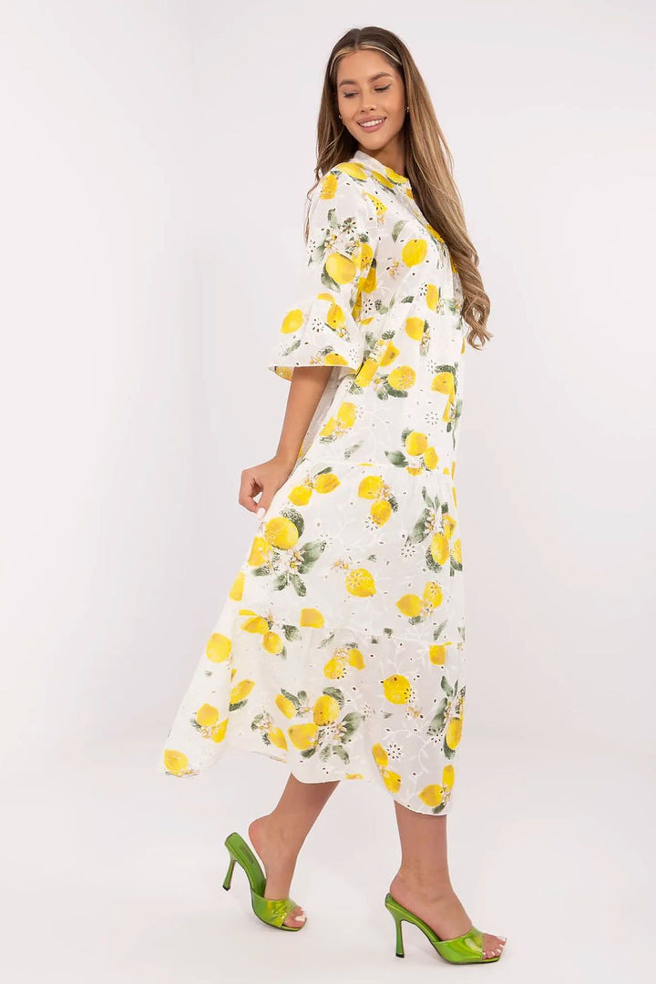 Lemon Breeze Boho Maxi Dress with Lace Embroidery & Ruffle Sleeves - Ludowika 