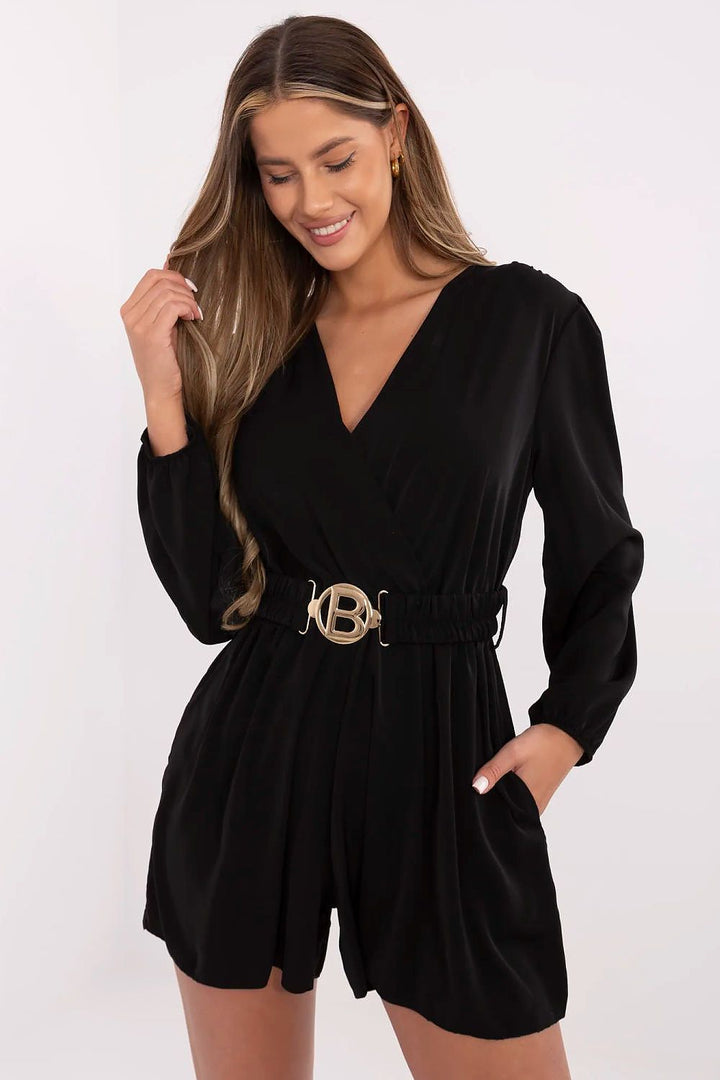 Chic Wrap-Neck Short Jumpsuit with Belted Waist & Long Sleeves - Ludowika 
