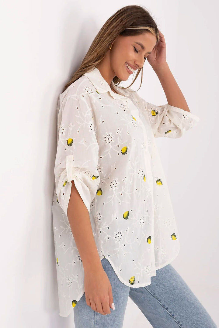 Lemon Embroidered Cotton Shirt – Breezy Summer Style with 3/4 Sleeves - Ludowika 
