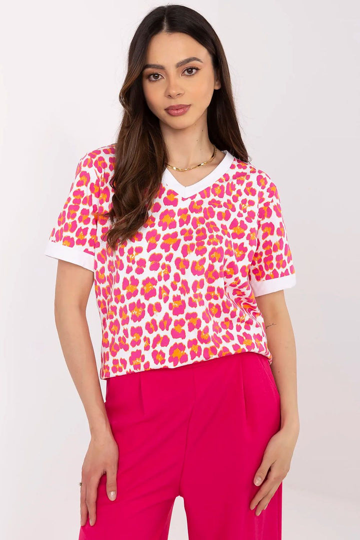 Casual Women's V-Neck Blouse – Animal Print, Cotton Blend for Comfortable Everyday Style - Ludowika 