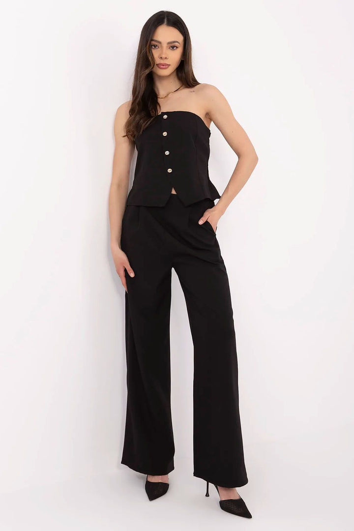 Elegant Women's Vest and High-Waisted Wide-Leg Pants Set with Decorative Buttons - Ludowika 