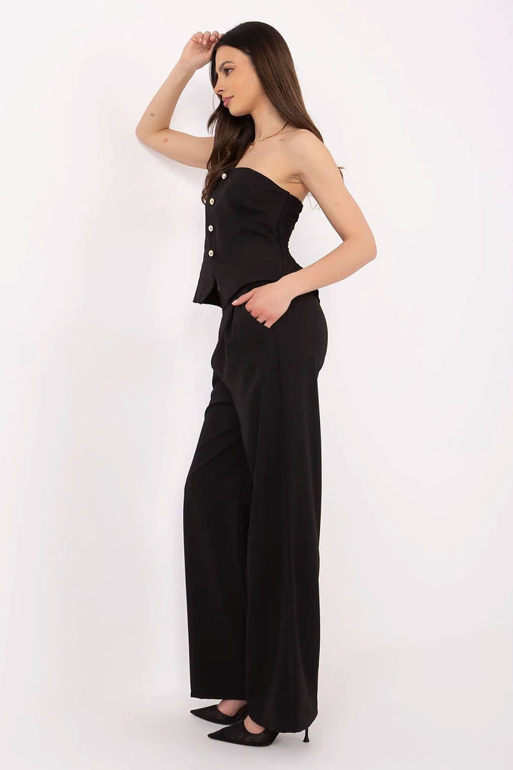 Elegant Women's Vest and High-Waisted Wide-Leg Pants Set with Decorative Buttons - Ludowika 