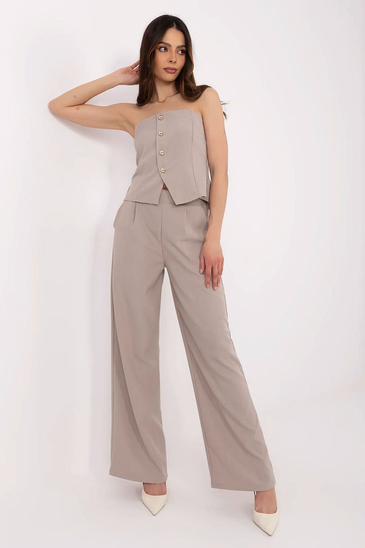 Elegant Women's Vest and High-Waisted Wide-Leg Pants Set with Decorative Buttons - Ludowika 