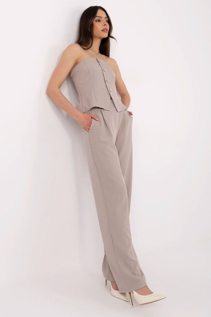 Elegant Women's Vest and High-Waisted Wide-Leg Pants Set with Decorative Buttons - Ludowika 