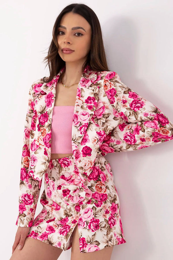 Elegant Floral Cropped Blazer and High-Waisted Skirt-Shorts Set with Detachable Brooch - Ludowika 