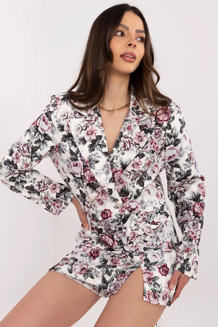Elegant Floral Cropped Blazer and High-Waisted Skirt-Shorts Set with Detachable Brooch - Ludowika 