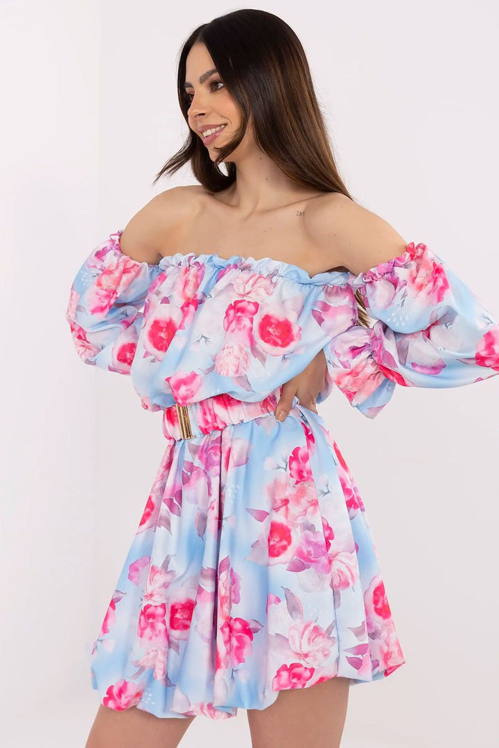 Floral Summer Dress – Flared Cut, Spanish-Style Neckline & Adjustable Belt - Ludowika 