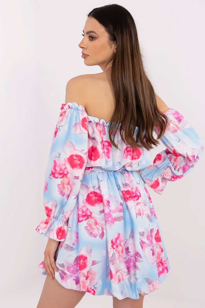 Floral Summer Dress – Flared Cut, Spanish-Style Neckline & Adjustable Belt - Ludowika 