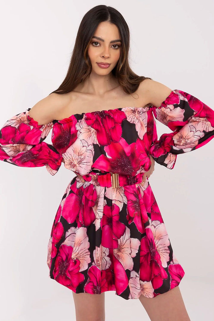 Floral Summer Dress – Flared Cut, Spanish-Style Neckline & Adjustable Belt - Ludowika 