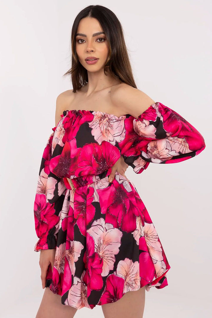 Floral Summer Dress – Flared Cut, Spanish-Style Neckline & Adjustable Belt - Ludowika 