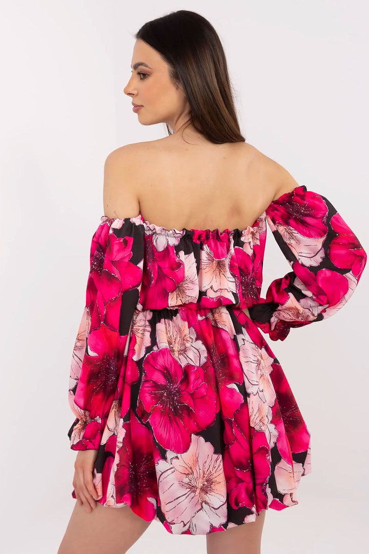 Floral Summer Dress – Flared Cut, Spanish-Style Neckline & Adjustable Belt - Ludowika 
