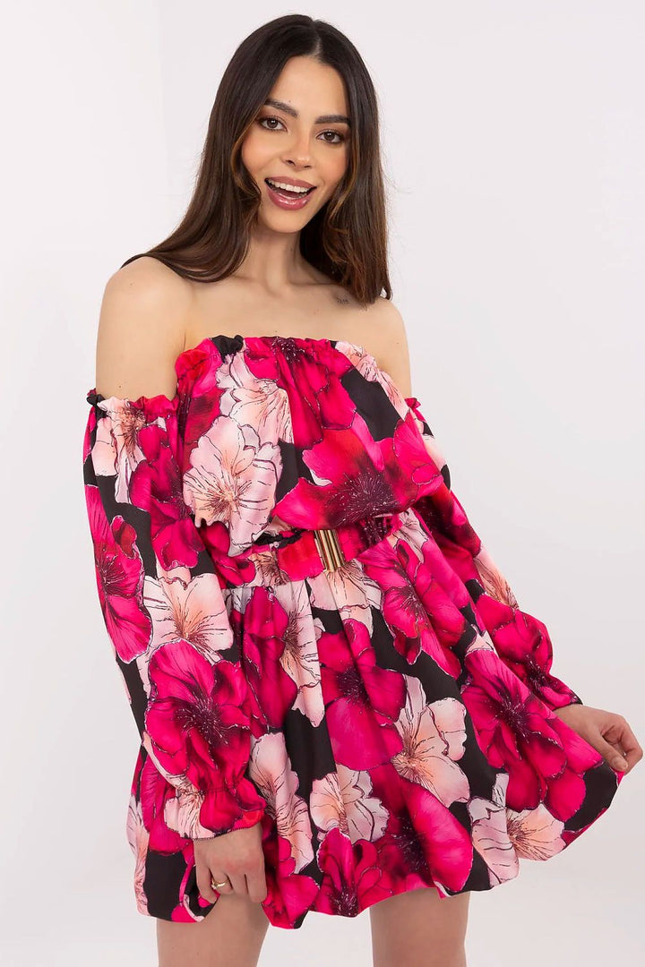 Floral Summer Dress – Flared Cut, Spanish-Style Neckline & Adjustable Belt - Ludowika 